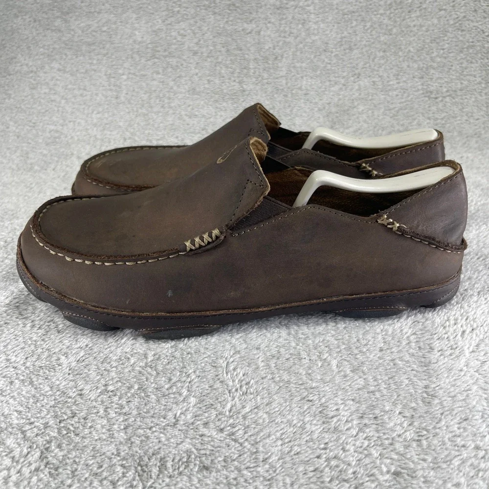 OluKai Moloa Slip On Shoes Men 9.5 Brown Leather Loafers Casual Drop-In Heel